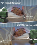 Green 24000mAh Portable Fan With Light And Remote showing rotation angles, sleep mode, near a sleeping person.