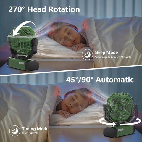 Green 24000mAh Portable Fan With Light And Remote showing rotation angles, sleep mode, near a sleeping person.
