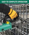 Heavy Duty 7/8 Inch Electric Hydraulic Rebar Cutter in use, cutting through steel rebar, showing motor and operator's hand.