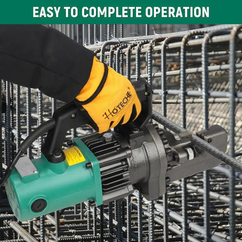 Heavy Duty 7/8 Inch Electric Hydraulic Rebar Cutter in use, cutting through steel rebar, showing motor and operator's hand.