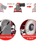 Rock Solid Circular Saw Blade Sharpening Station With 370W Heavy Hitter Motor And 2850RPM Rotary Angle Conversion features control handle and working diameter range.