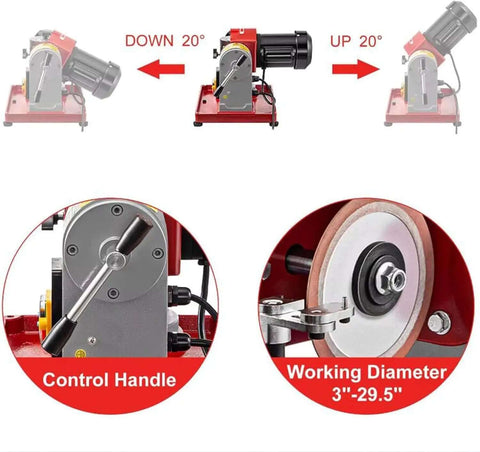 Rock Solid Circular Saw Blade Sharpening Station With 370W Heavy Hitter Motor And 2850RPM Rotary Angle Conversion features control handle and working diameter range.