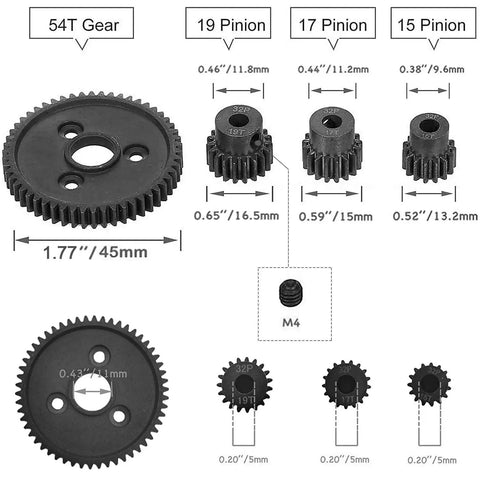 54T 0.8 32 Pitch Metal Spur Gear Set With 15T 17T 19T Pinions And 3.175mm Coupler For Traxxas Slash 4x4 And 2WD RC Vehicles