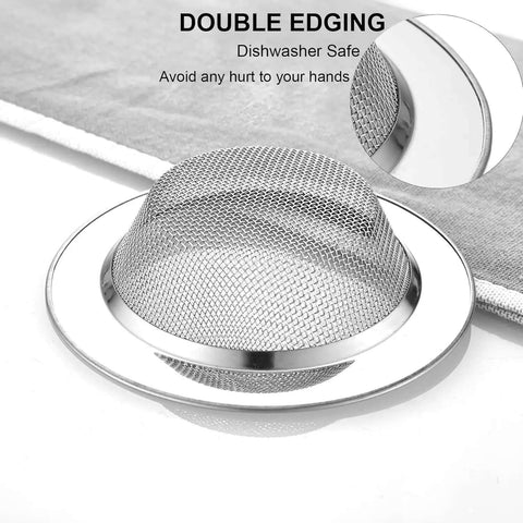 2 Pack Stainless Steel Kitchen Sink Strainers with 4.5 Inch Wide Rim showing rustproof mesh and smooth edging.