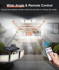 280 LED Solar Flood Security Lights With Remote Control Outdoor Motion Sensor Lights Waterproof For Porch Patio Yard Garage 2 Pack Plug And Play Setup Long Battery Life Three Lighting Modes shown with remote and house