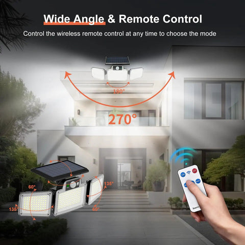 280 LED Solar Flood Security Lights With Remote Control Outdoor Motion Sensor Lights Waterproof For Porch Patio Yard Garage 2 Pack Plug And Play Setup Long Battery Life Three Lighting Modes shown with remote and house