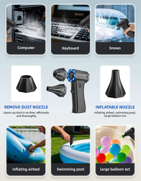 Cordless Air Duster With 300000 RPM Brushless Motor showing versatile usage for cleaning and inflating as a mini portable blower.