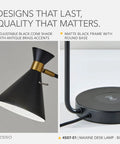 All-in-One Desk Lamp With Qi Wireless Charging Pad And USB Port, adjustable matte black shade with brass accents