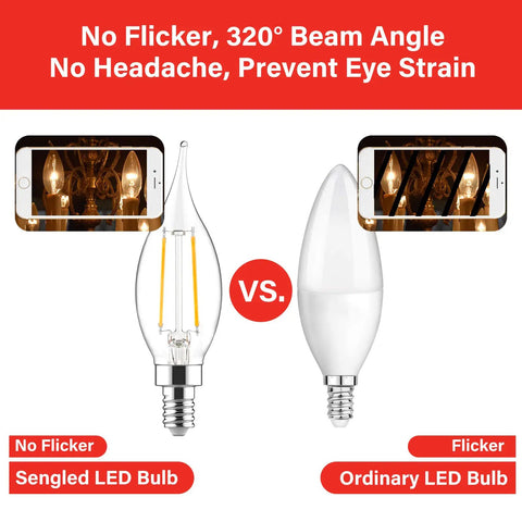 Comparison of Dimmable E12 LED Candles Bulbs 40W Equivalent CA10 Flame Tip Warm White 2700K vs standard LED bulbs with no flicker feature.