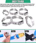 Rugged Pro Grade PEX Cinch Clamps Kit 5 Size 3/8 1/2 3/4 5/8 1 Inch Stainless Steel Crimp Rings shown with installation steps