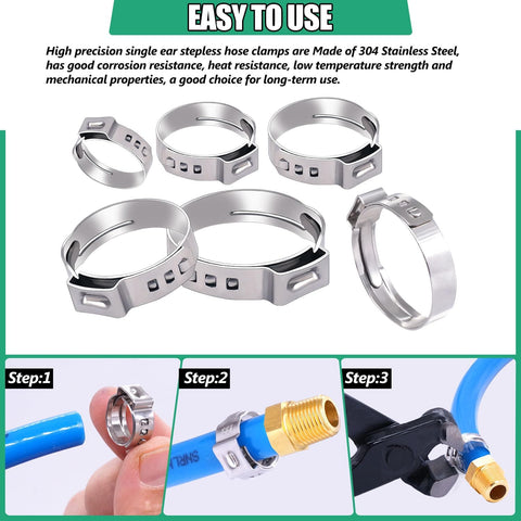 Rugged Pro Grade PEX Cinch Clamps Kit 5 Size 3/8 1/2 3/4 5/8 1 Inch Stainless Steel Crimp Rings shown with installation steps