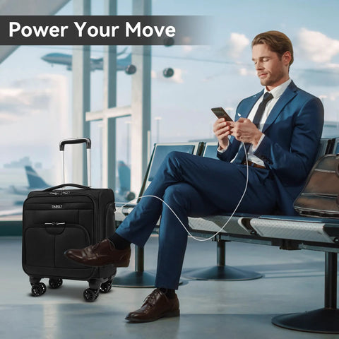 TIAWOLT 16in soft-side underseat carry-on luggage on wheels; black, front view beside a seated passenger in an airport.
