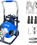 Heavy Hitter Electric Drain Cleaner Machine With 100 Foot Snake Cable, wheeled design with gloves and accessories shown.