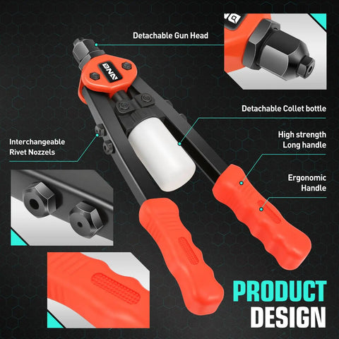 DNA Motors Heavy Duty Rivet Gun With Collection Bottle Tool Set, 1 x 12-1/2 inch, features ergonomic handle and detachable gun head.