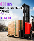 Heavy Duty 3300 Lbs Electric Pallet Stacker With Manual Push Handles For No Sweat Warehouse Loading And Industrial Grade Material Handling Rigs Built To Last next to pallets in warehouse setting.