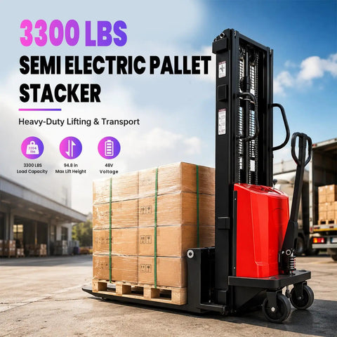 Heavy Duty 3300 Lbs Electric Pallet Stacker With Manual Push Handles For No Sweat Warehouse Loading And Industrial Grade Material Handling Rigs Built To Last next to pallets in warehouse setting.