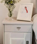 Nightstand with set of 6 vintage zinc alloy drawer pulls and retro round cabinet knobs, antique bronze finish visible.