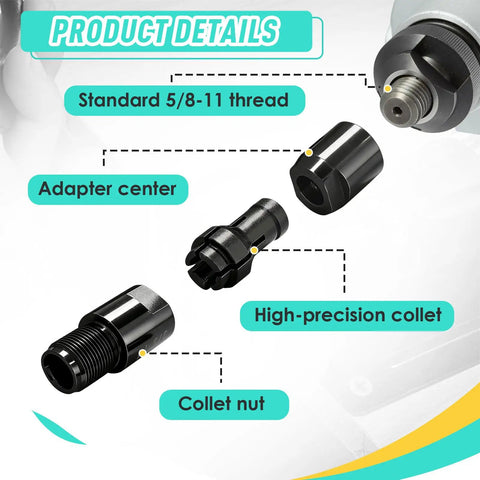 Product details for 2 Pack Angle Grinder To Die Grinder Adapters with 5/8 inch-11 threads, collets, and high-precision components.