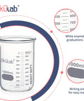 Heavy-Duty Glass Beaker 1000mL Thick-Walled 3.3 Borosilicate With Dual Scale Graduation, durable laboratory chemistry beaker.