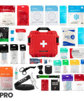 Mini Pro Waterproof First Aid Kit For Car, Home, Boat, Camping And Travel, Rugged Survival Medical Gear, opened with various supplies