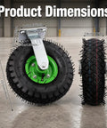 10 Inch Pneumatic Caster Wheel Set of 4 Includes Two Swivel and Two Rigid Plates displaying product dimensions on rubber tires.