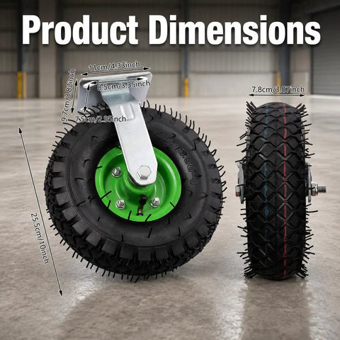 10 Inch Pneumatic Caster Wheel Set of 4 Includes Two Swivel and Two Rigid Plates displaying product dimensions on rubber tires.