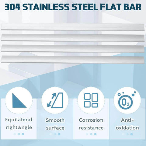 Four Piece Pack Of 304 Stainless Steel Flat Bar Rectangular Bars, 0.125 Inch Thick, 0.78 Inch Wide, 12 Inch Long, Ideal For Kitchen DIY Crafts And Metalworking For DIYers, MorningRo shown with features: smooth surface, corrosion resistance, anti-oxidation.