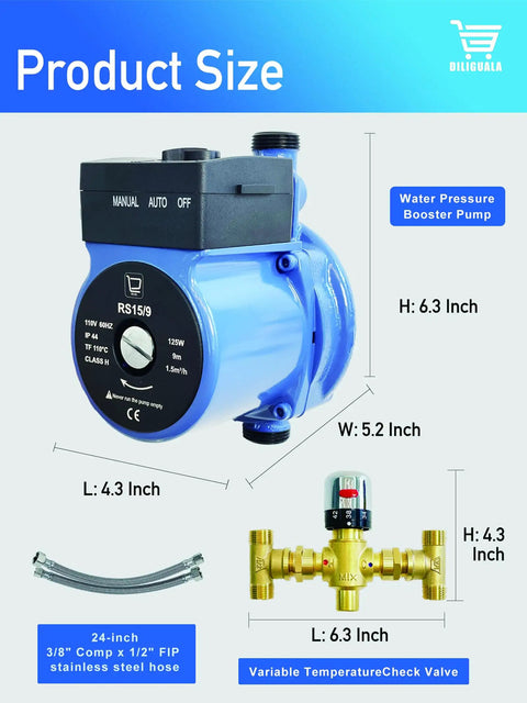 Instant Hot Water Recirculating Pump Kit For Standard Tank Heaters Skips The Wait For Scalding Shower Temps By Routing Cooled Water Back Through Smart Thermal Bypass Tech And Runs Smooth Any Day, showing product dimensions.