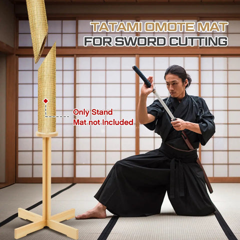 43 Inch Solid Pine Kendo Tameshigiri Practice Cutting Stand Real Deal Heavy Duty Wooden Dummy Holder For Katana Training Stable Durable Platform With Varnish Finish And Safe Mat Area shown in use with martial artist