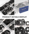 280 Pieces Manganese Steel Plum Tooth Lock Washers With Internal Teeth, Black Metal Retainer Rings in clear box