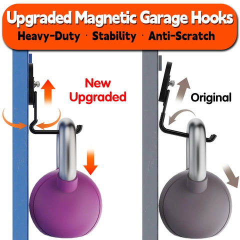 Comparison of upgraded and original magnetic hooks on blue and grey surfaces with weights, showing anti-scratch coating.