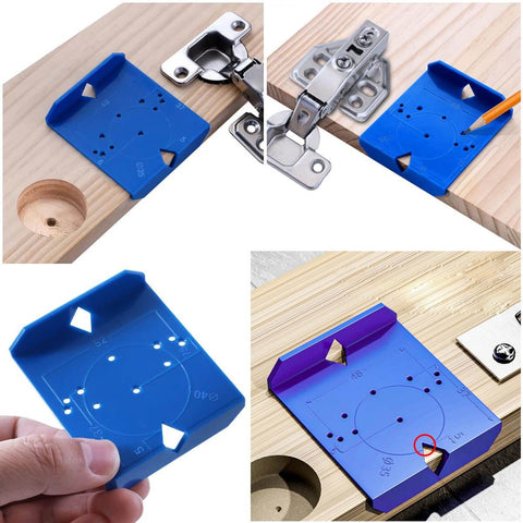 Image of precise, portable hinge jig and punch locator drill guide set on wood, showcasing hole positioning for concealed Euro hinges.