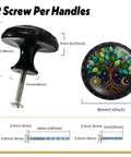 Slick Tree Of Life Sun And Moon Cabinet Knobs 4 Pack, showing dimensions and details of glass drawer pulls with tree design.
