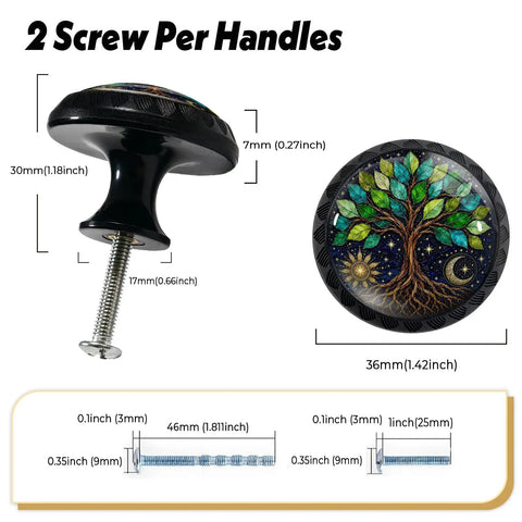 Slick Tree Of Life Sun And Moon Cabinet Knobs 4 Pack, showing dimensions and details of glass drawer pulls with tree design.
