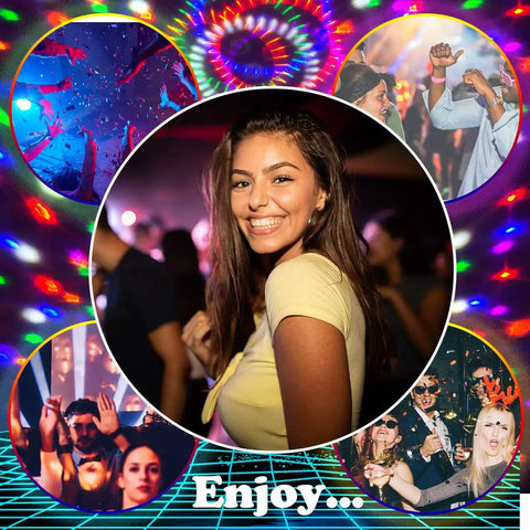 Smiling woman at party with Disco Ball DJ Strobe Light With 6 Color Modes, 7 Inch Big Size, creating vibrant club vibes.
