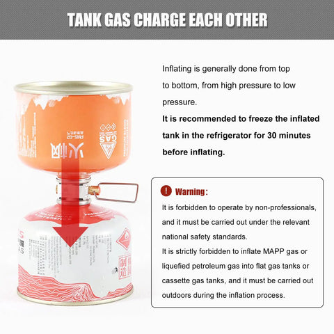 Backpacking Fuel Transfer Device Gas Canister Refill Adapter for Camping with red arrows indicating gas flow direction