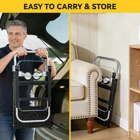 3-in-1 Aluminum Hand Truck Dolly With 600 Lb Capacity folded for easy storage in car boot and near sofa indoors
