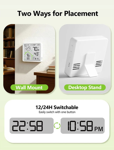 Rechargeable Weather Station With Wireless Indoor Outdoor Thermometer And Atomic Clock With WWVB, 4.3 Inch Backlit Display, wall mounted and desktop stand options.