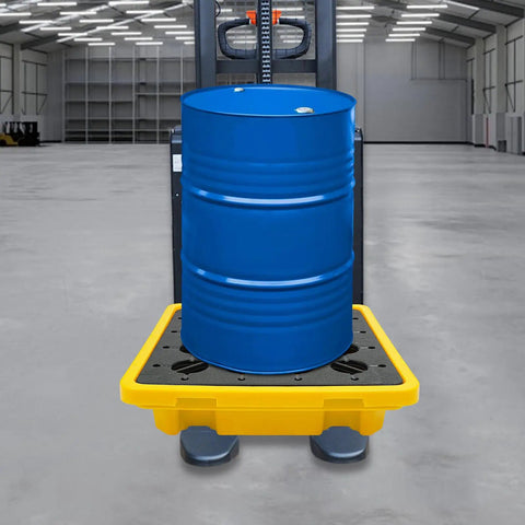 Spill Containment Pallet With Drain 26.4 By 26.4 By 5.9 Inches HDPE holding a blue drum in an industrial setting