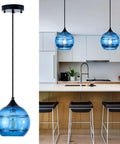 Two Pack Blue Glass Pendant Lights With Round Shade, Modern Hanging Fixture for Kitchen Island, Sink and Dining Room