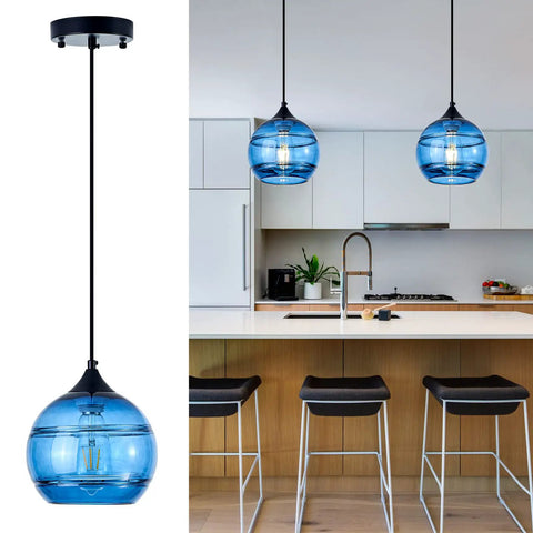 Two Pack Blue Glass Pendant Lights With Round Shade, Modern Hanging Fixture for Kitchen Island, Sink and Dining Room