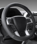 Premium Black Microfiber Leather Steering Wheel Cover For Cars And Trucks Super Soft Anti Slip Grip Easy Peasy Install Fits Standard 15 Inch Wheels on vehicle steering wheel.