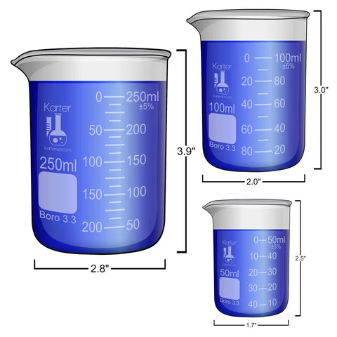 Low Form Glass Beaker Set With Two 250mm x 6mm Stirring Rods Includes 50 100 250 500 And 1000 Milliliters Beakers in 3.3 Borosilicate Glass