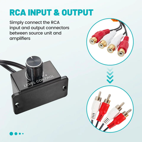 Universal Car Amplifier RCA Level Controller with bass control knob and RCA input output cables for car audio systems