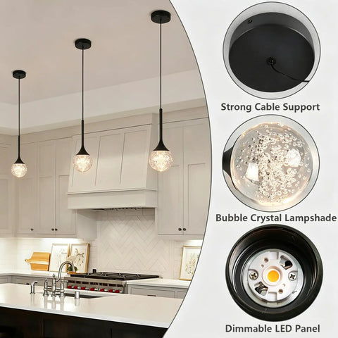 Lit Cylinder Bubble Crystal Pendant Lights LED Hanging Ceiling Fixtures For Kitchen Island And Dining Room Modern Brushed Brass And Black Pendant Lamp Dimmable 5W 3000K UL Listed showing installation details and kitchen setting.