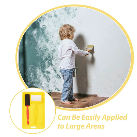 Child using a Premium Top Shelf Paint Roller And Bristle Brush Kit With Heavy Duty No Drip Tray to paint a wall.