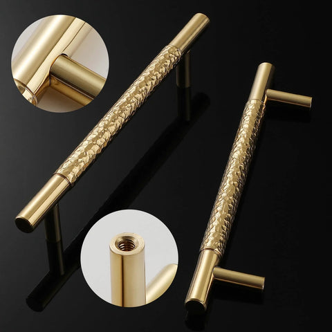 Polished Brass Cabinet Pulls 5 Pack Modern Hammered Texture Handles with 5 Inch Hole Centers for Kitchen and Bathroom Closets