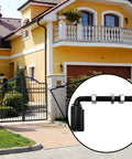 Built Like A Tank Universal Steel J Bolt Gate Hinge Smooth Swing Pivot With Ball Bearings Rust Proof Black Powder Coat in a driveway setting.