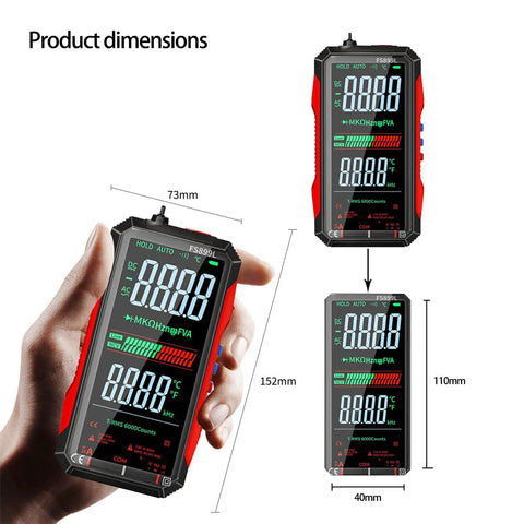 Hand holding 6000 Counts True RMS Digital Multimeter With 4.8 Inch Color Screen, USB C Rechargeable, and dimensions displayed.