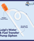 Luigi's Siphon Pump with rubber hand pump and two clear PE hoses for water and fuel transfer.